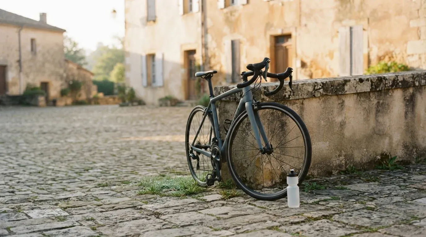 Ein Rennrad lehnt an einer Steinmauer am Rand eines Dorfplatzes, daneben eine Trinkflasche im ersten Sonnenlicht.