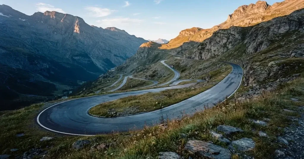 Eine Landstrasse schlängelt sich einen Alpenpass hinauf, am Strassenrand liegt feuchtes Gras und die Morgensonne färbt die Felsen.