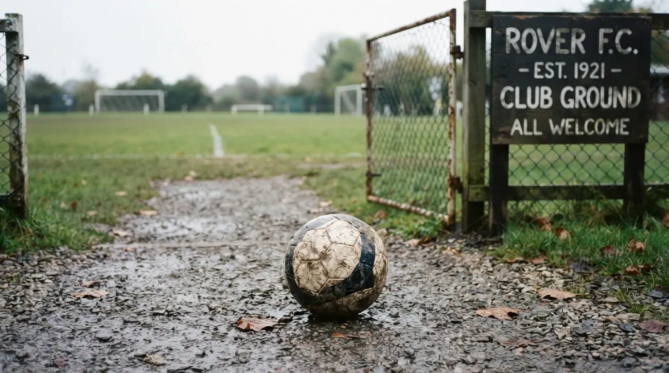 Ein abgenutzter Fussball liegt auf einem Kiesweg neben dem Eingang eines Vereinsplatzes, Laub liegt auf dem Boden.