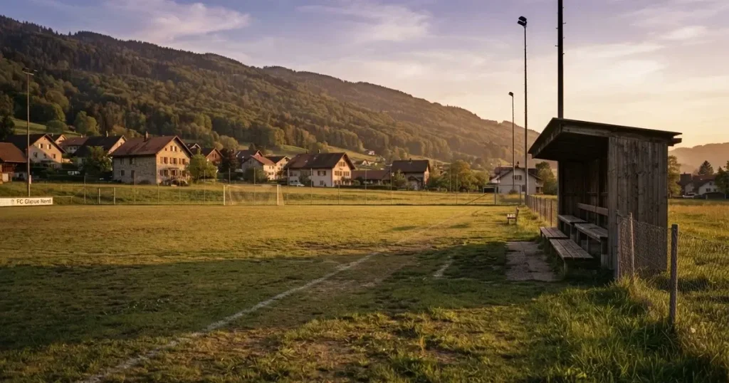 Ein kleiner Fussballplatz mit einfacher Holztribüne und Rasenstreifen am Rand einer Ortschaft, im Hintergrund ein bewaldeter Hügel im Abendlicht.