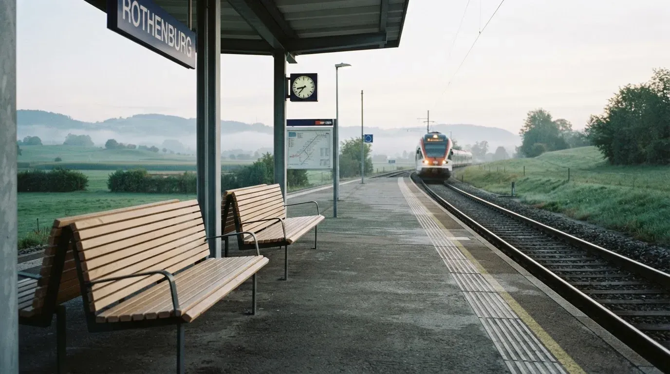 Ein Bahnsteig mit leeren Bänken an einem Regionalbahnhof am Morgen, ein Zug fährt in der Ferne ein.