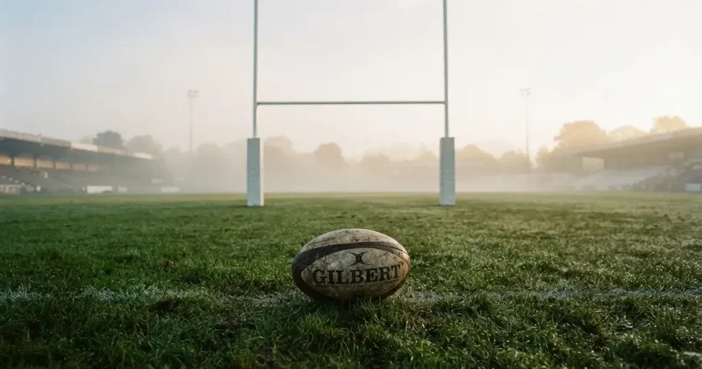 Ein ovaler Rugbyball liegt auf feuchtem Rasen vor zwei hohen Torstangen, hinter dem Spielfeld steigen Nebelschwaden auf.