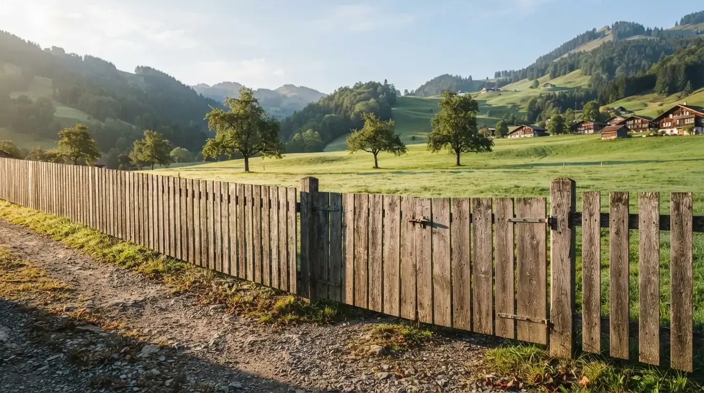 Ein Gartenzaun aus Holz an einer Hofeinfahrt, dahinter eine Wiese mit einzelnen Apfelbäumen im klaren Morgenlicht.