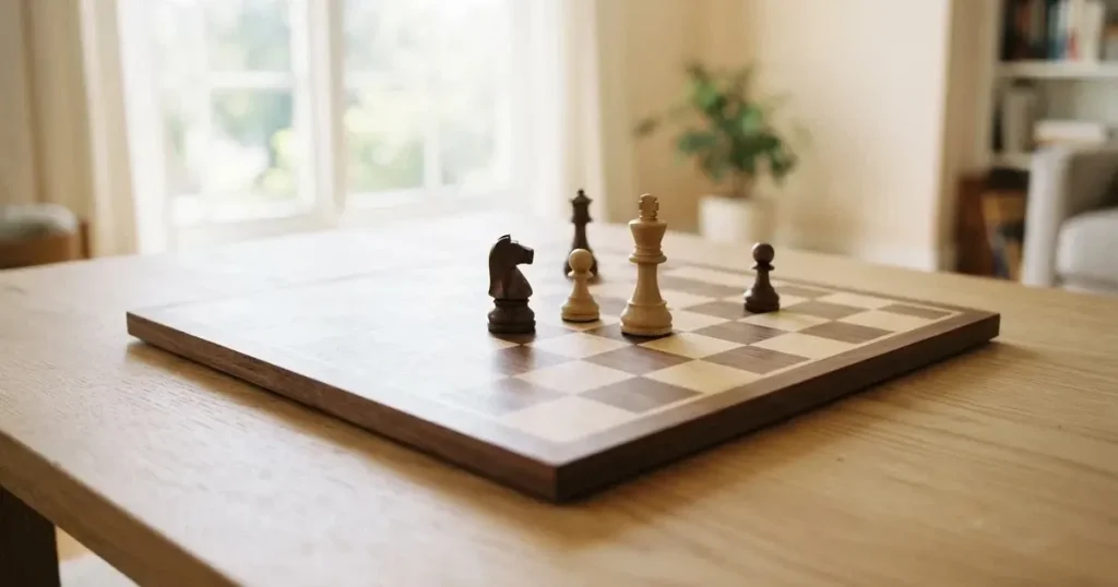 Ein hölzernes Schachbrett mit wenigen Figuren steht auf einem Tisch in einem hellen Raum, durch das Fenster fällt weiches Seitenlicht.