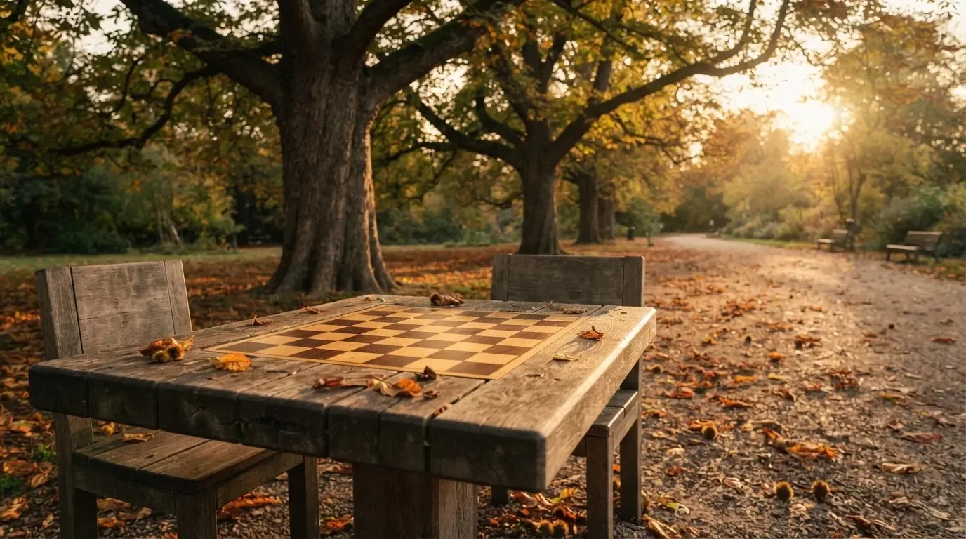 Ein Parkbank-Tisch mit eingelassenem Spielfeld unter alten Kastanien, auf den Wegen liegt Laub und die Sonne steht tief.