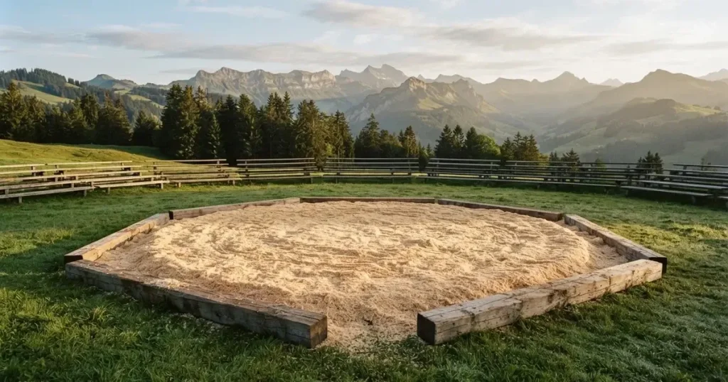 Ein kreisrunder Sägemehlring auf einer Wiese in den Voralpen, leere Holzbänke ringsum, im Hintergrund Berge im Morgenlicht.