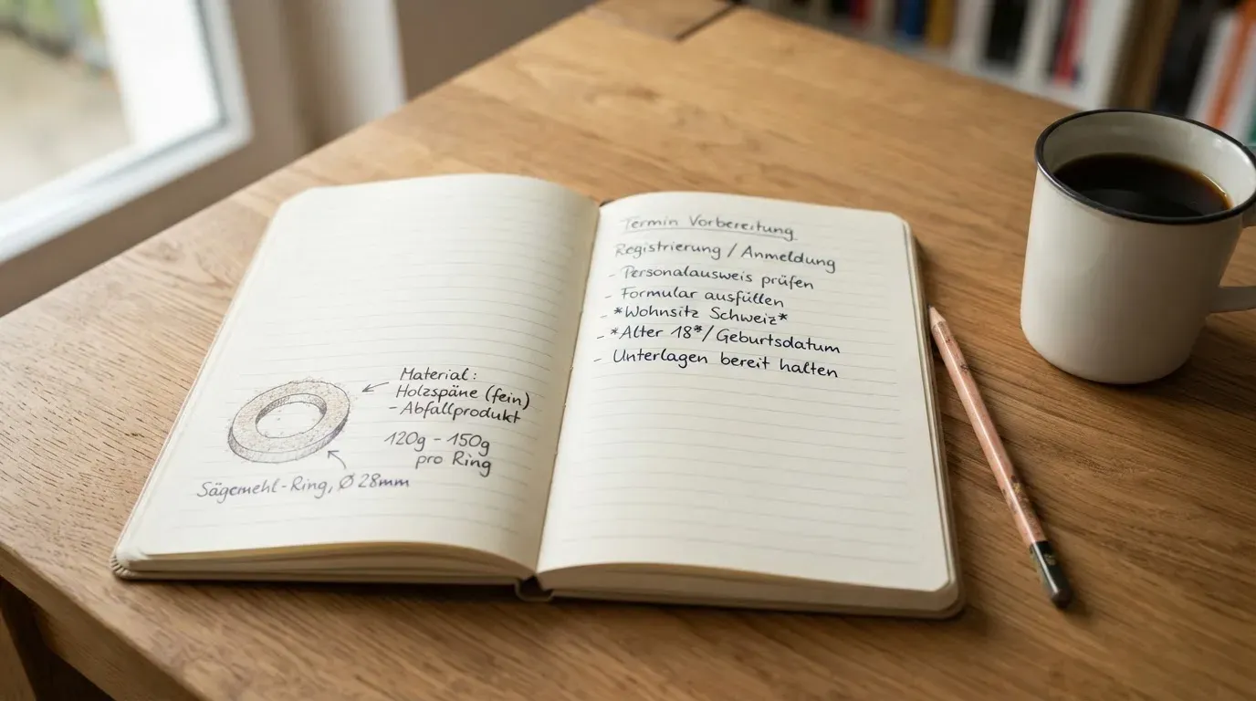 Ein aufgeschlagenes Notizbuch mit handschriftlichen Skizzen neben einem Bleistift und einer Kaffeetasse auf einem Holztisch.