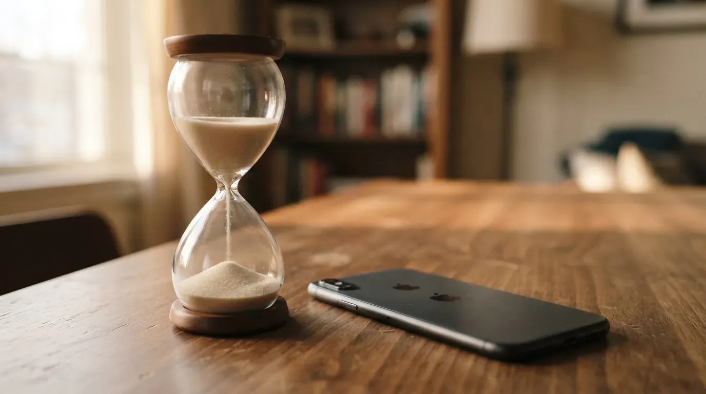 Eine Sanduhr steht auf einem Holztisch neben einem umgedrehten Smartphone, warmes Licht fällt von der Seite ein.