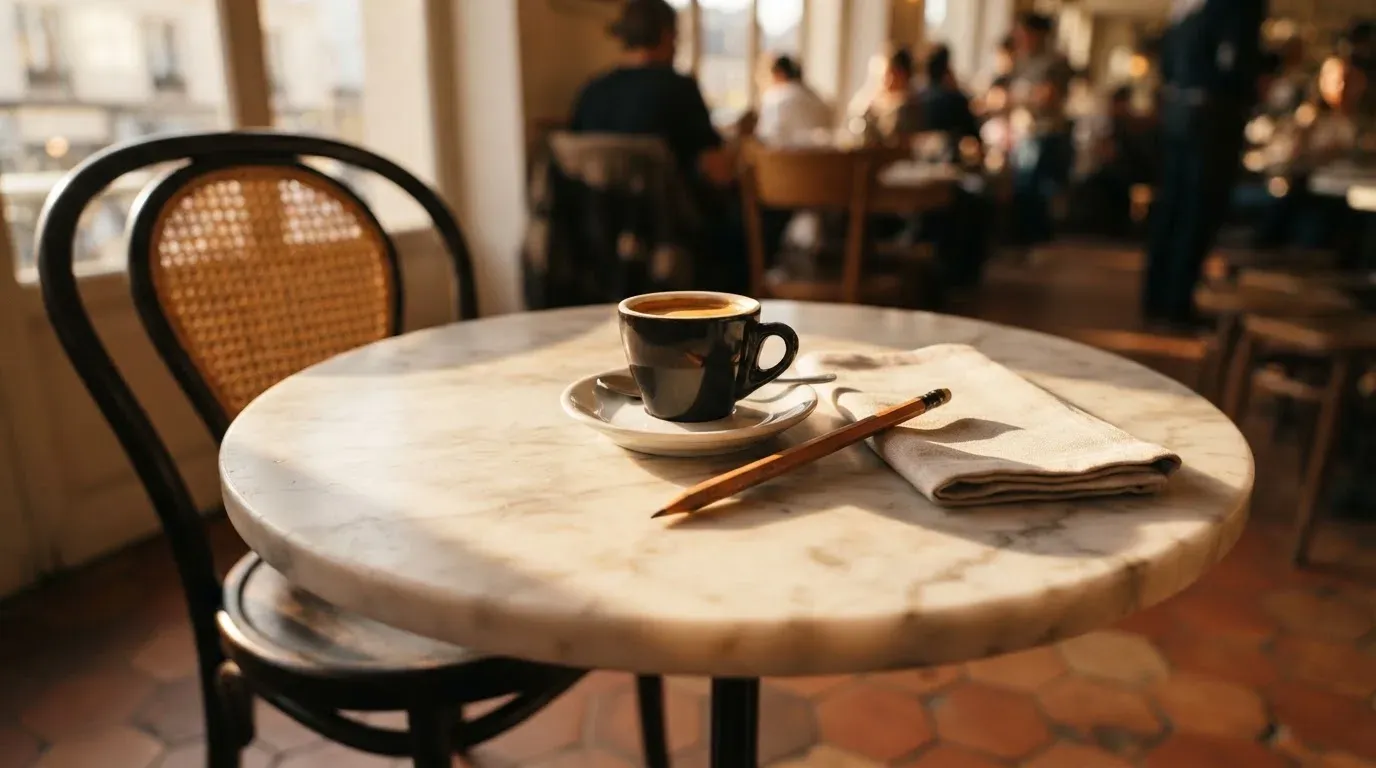Eine Espressotasse und ein Bleistift liegen auf einem Caféhaustisch neben einer gefalteten Stoffserviette im Licht der Morgensonne.