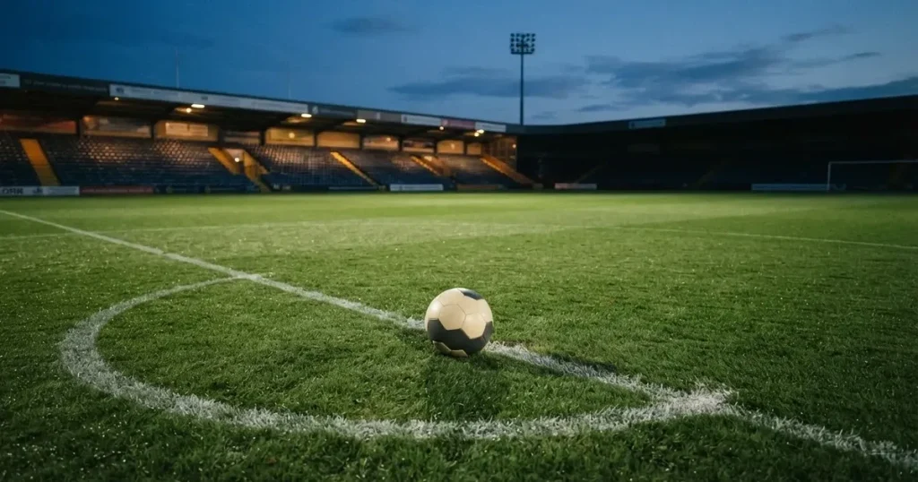 Ein Fussball liegt auf dem Anstosspunkt eines leeren Rasenplatzes in der Abenddämmerung, dahinter leuchten Flutlichtmasten über einer Tribüne.