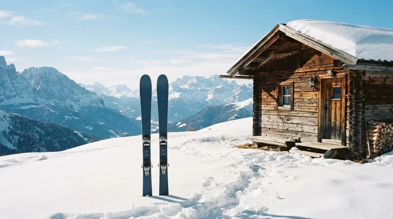 Zwei Skier stecken aufrecht im Schnee neben einer Holzhütte, dahinter ein weites Alpenpanorama bei klarem Himmel.