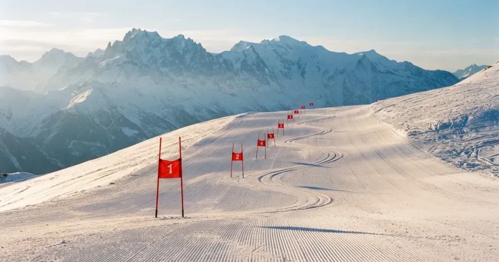 Ein frisch präparierter Hang mit Slalomstangen in einer Reihe im ersten Morgenlicht, Schneespuren im Hang und Berge im Hintergrund.