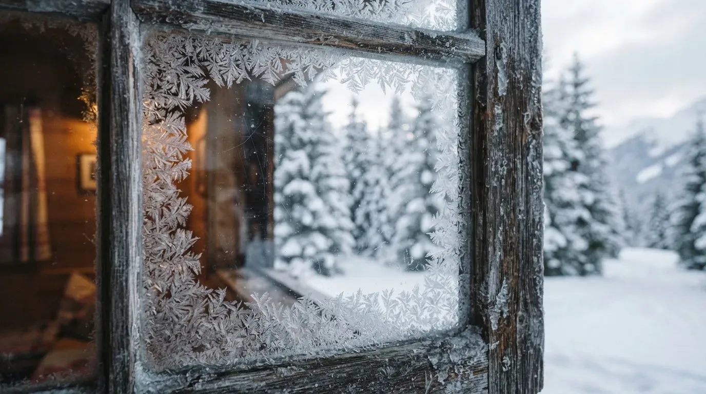 Ein vereistes Fenster einer Berghütte mit Blick auf verschneite Tannen im blassen Winterlicht.