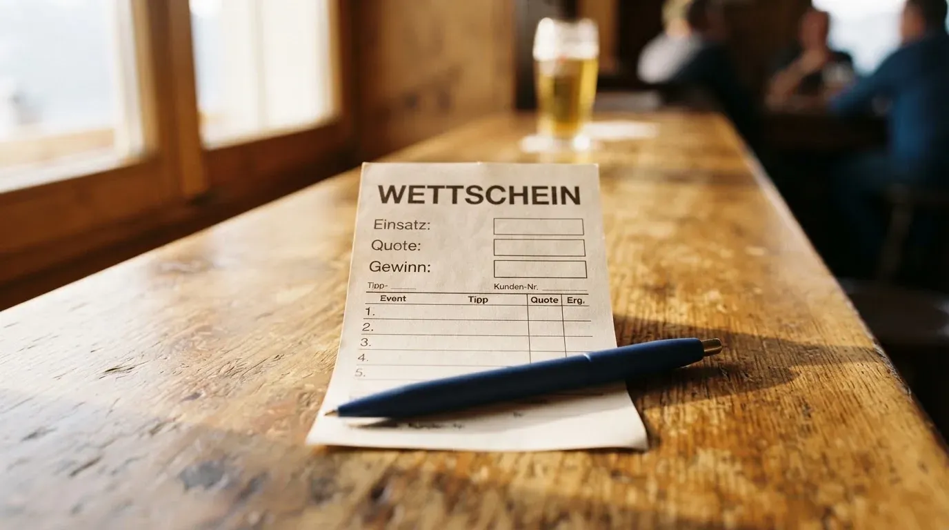 Ein leerer Wettschein aus Papier und ein Kugelschreiber liegen auf einer hölzernen Theke im Nachmittagslicht.