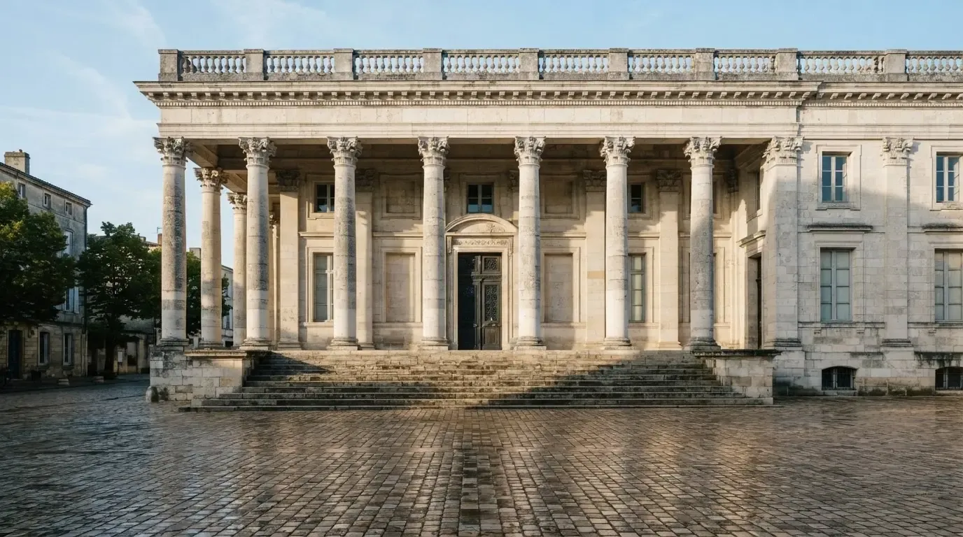 Die Fassade eines Steingebäudes mit Säulen an einem ruhigen Platz im Morgenlicht, ohne Menschen davor.