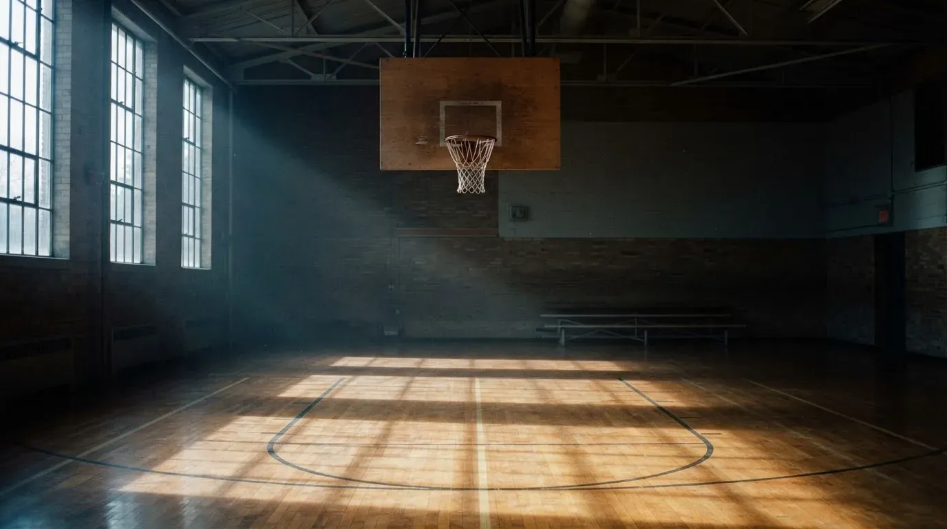 Ein Basketballkorb hängt in einer leeren Turnhalle, durch hohe Fenster fällt Licht auf das Holzparkett.