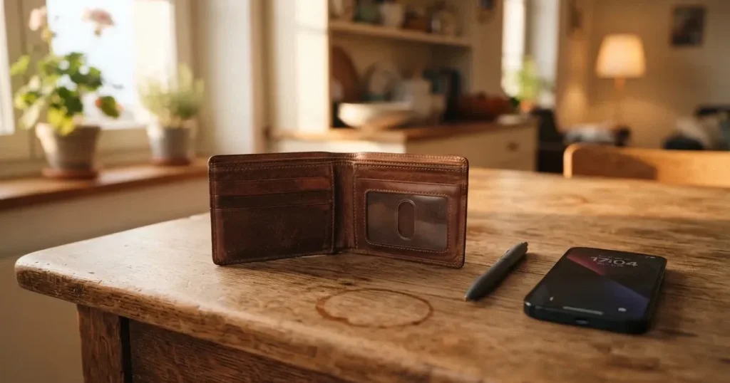 Eine leere Geldbörse aus Leder liegt geöffnet auf einem Tisch, daneben ein Kugelschreiber und ein Smartphone mit dunklem Display.