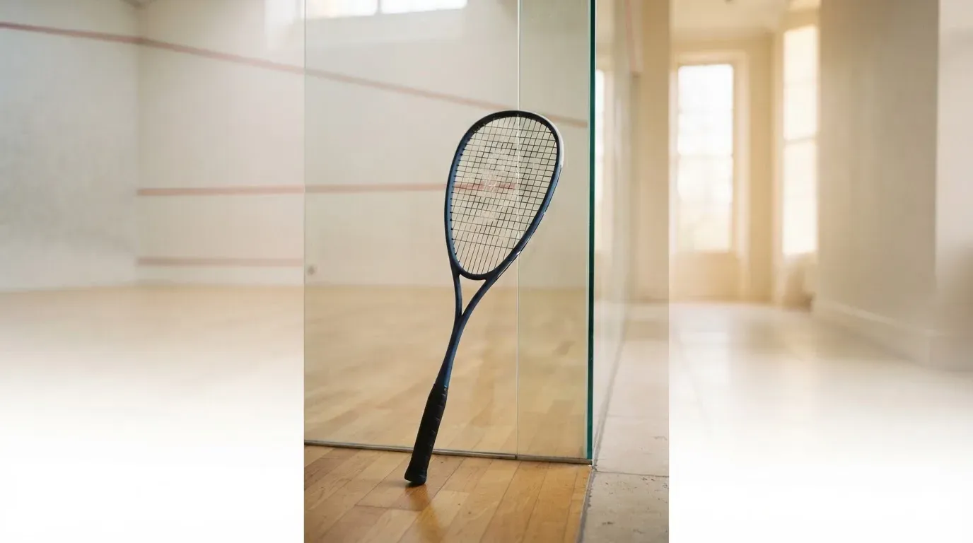Ein Squashschläger lehnt an der Glaswand eines leeren Courts, draussen fällt Tageslicht in den Gang.