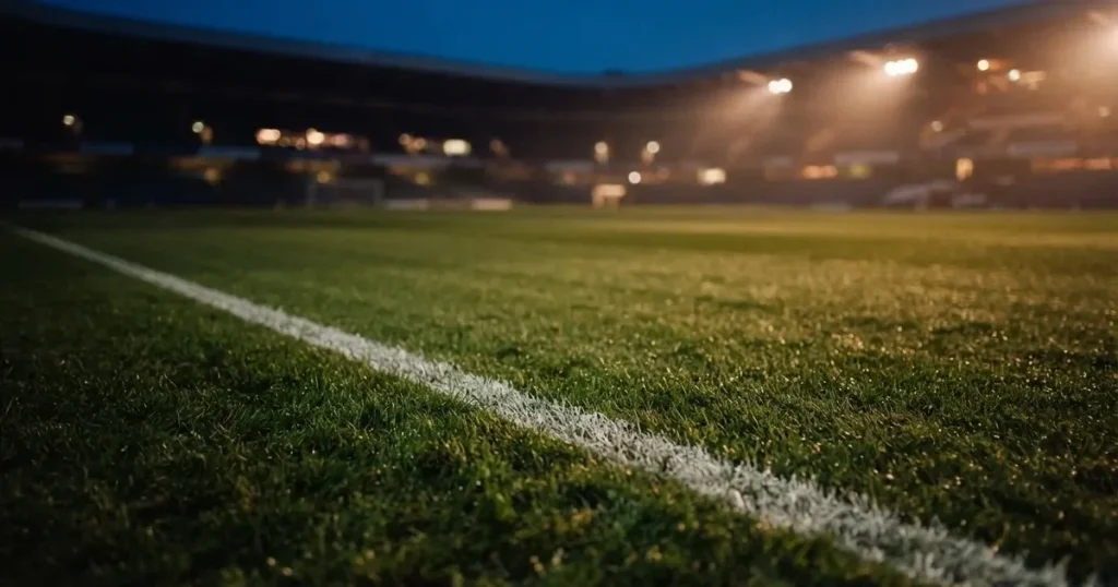 Eine Seitenlinie aus weisser Kreide auf dem Rasen in der Dämmerung, in der Ferne ragt eine hell beleuchtete Stadionschüssel auf.