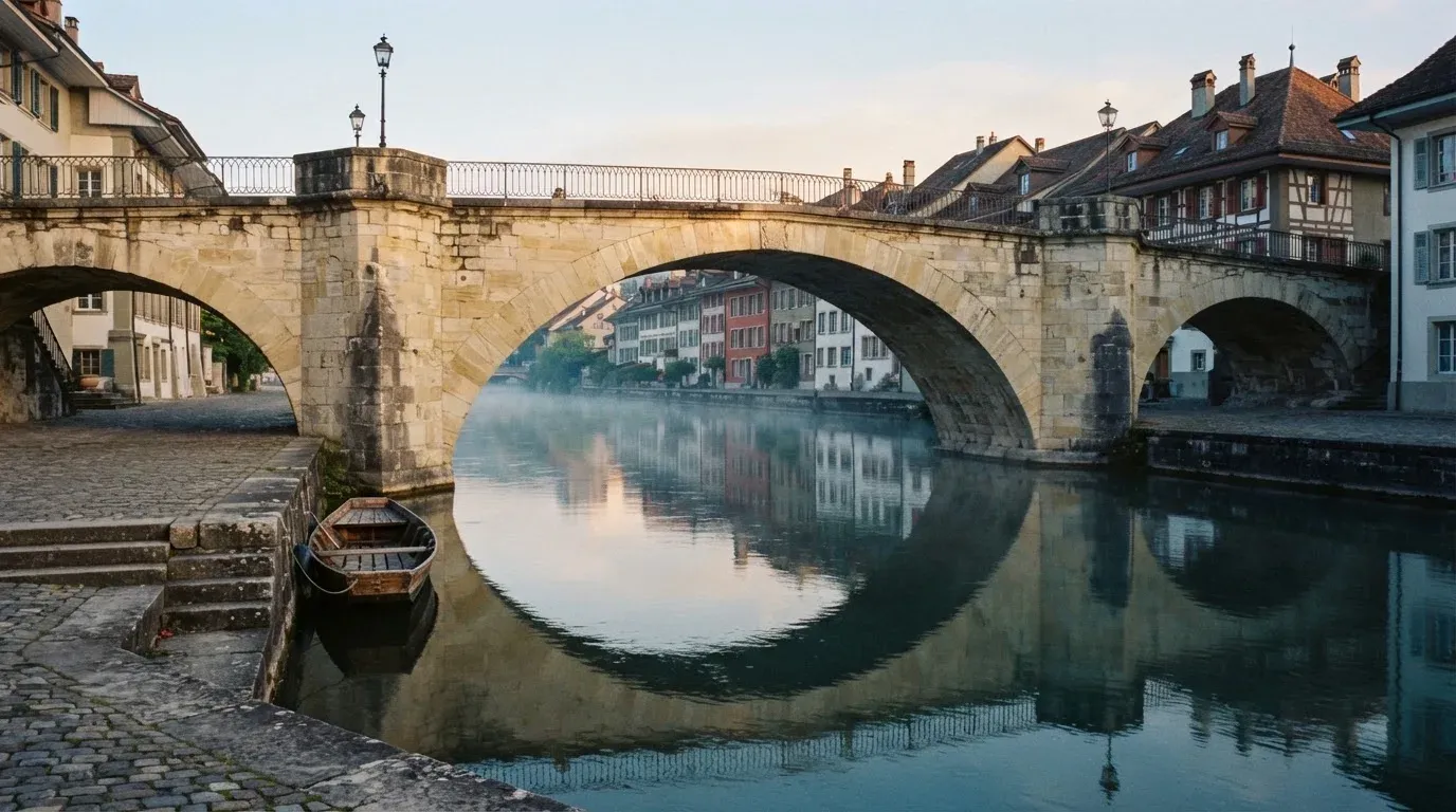 Ein steinerner Brückenbogen über einem Fluss in einer Schweizer Altstadt im ersten Morgenlicht.