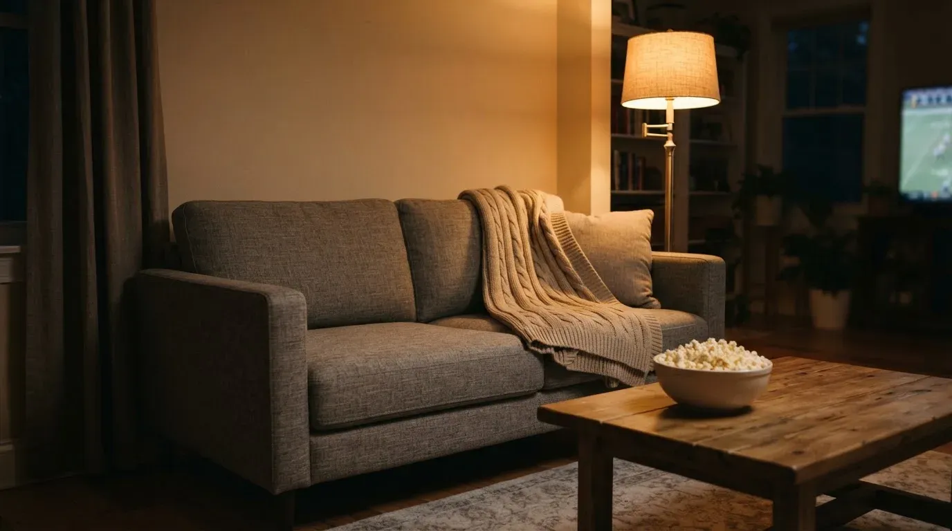 Ein Sofa mit Wolldecke und eine Schale Popcorn auf dem Couchtisch in einem Wohnzimmer bei Lampenlicht am späten Abend.