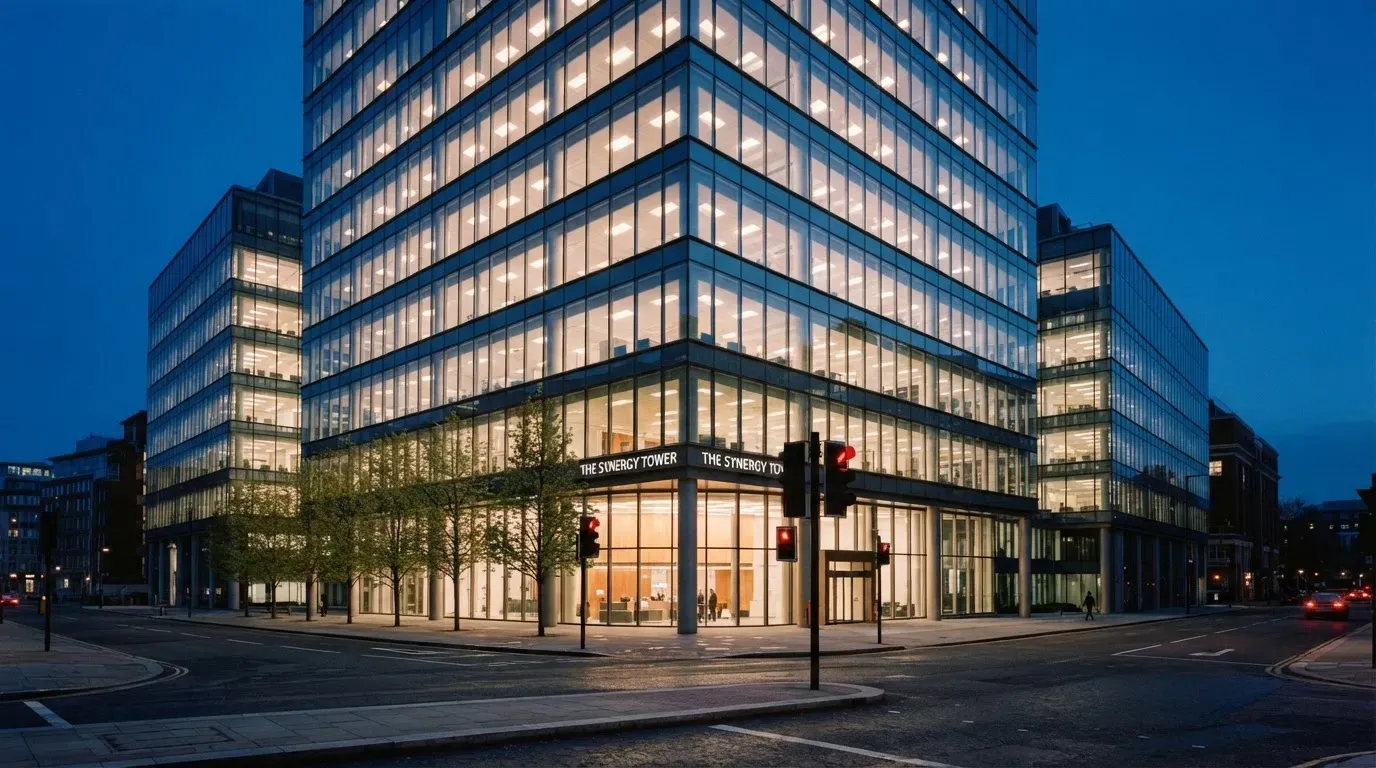 Ein Bürogebäude aus Glas in der Dämmerung mit beleuchteten Fenstern, gesehen von einer Strassenecke.