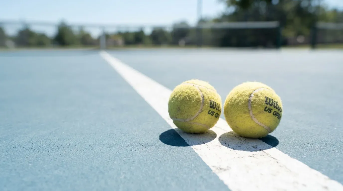 Zwei Tennisbälle liegen auf der weissen Grundlinie eines Hartplatzes im grellen Sonnenlicht.