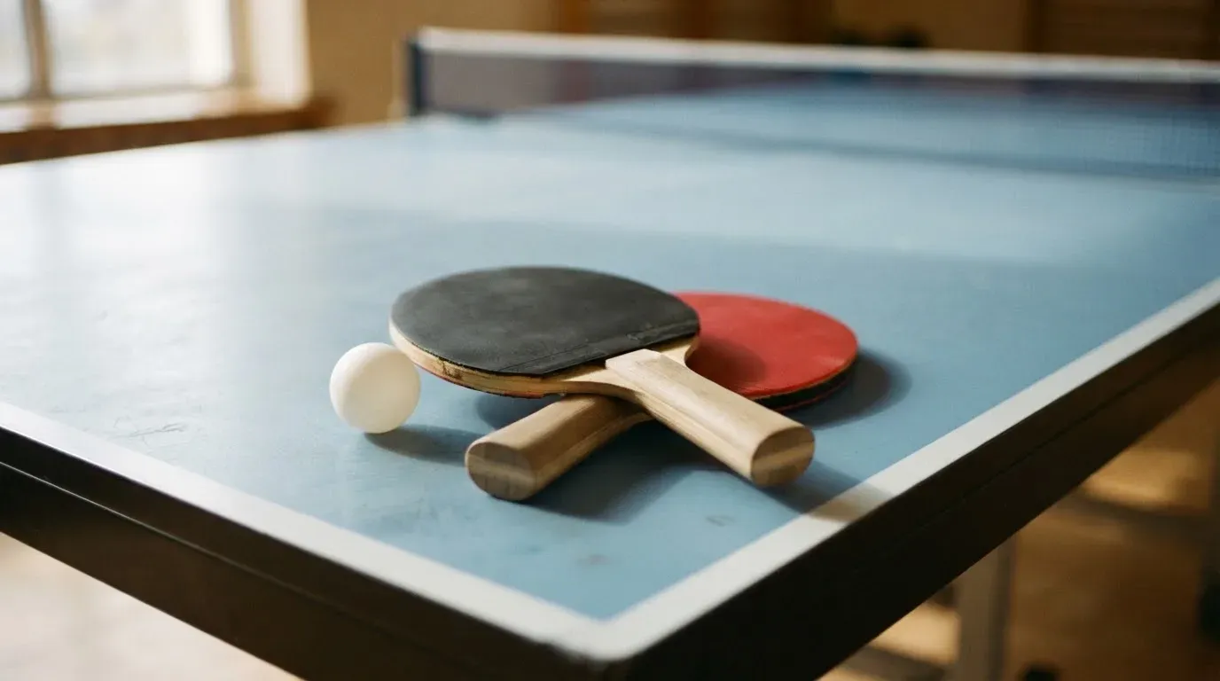 Zwei Tischtennisschläger liegen gekreuzt am Rand einer Platte, daneben ein kleiner weisser Ball.