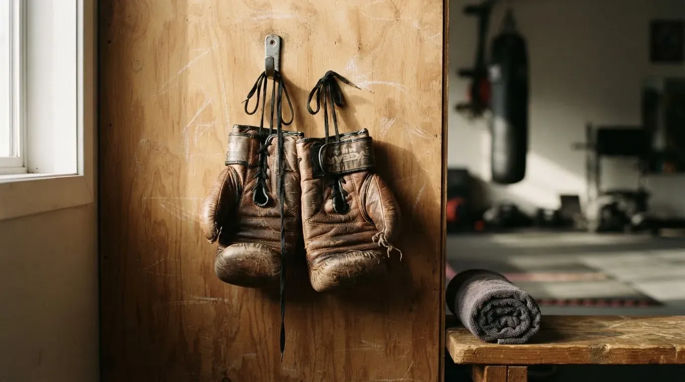 Ein Paar abgegriffener Kampfsporthandschuhe hängt an einem Haken in einem Trainingsraum.