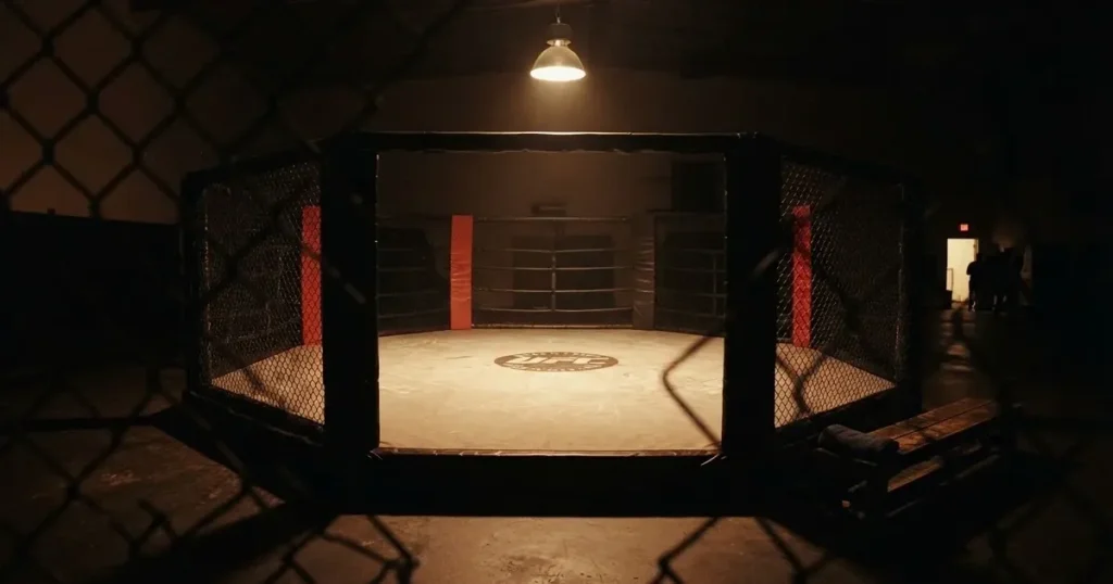 Ein achteckiger Kampfkäfig in einer abgedunkelten Halle, ein einzelnes Licht von der Decke beleuchtet die Matte.