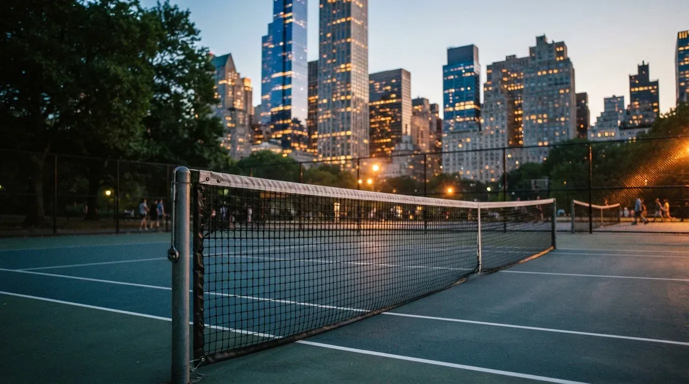 Die Hochhäuser einer Grossstadt in der Dämmerung, gesehen von einem Park, im Vordergrund ein gespanntes Tennisnetz.