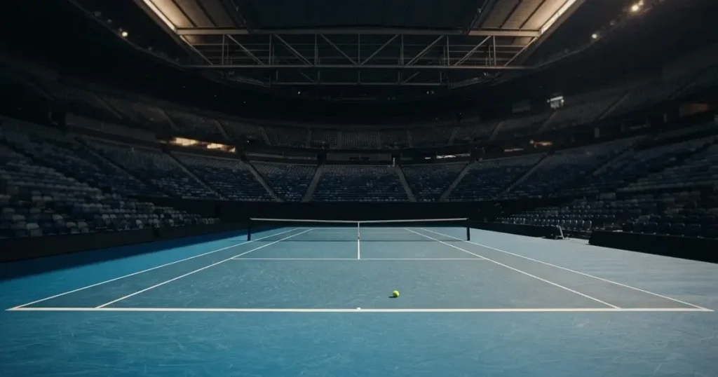 Ein hohes Tennisstadion mit geschlossenem Dach, von innen beleuchtet, leere Sitzreihen umschliessen den blauen Hartplatz.