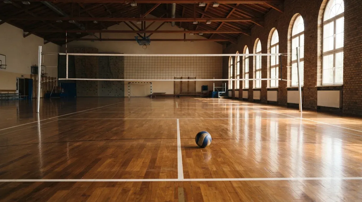 Eine Sporthalle mit gespanntem Volleyballnetz über poliertem Holzboden, hohe Fenster lassen Tageslicht herein.