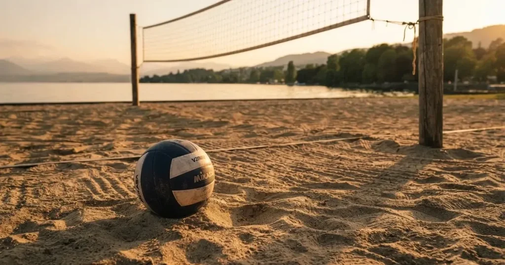 Ein Volleyball liegt im Sand eines Beachplatzes, zwischen zwei Pfosten ist ein Netz gespannt, tiefe Abendsonne wirft lange Schatten.
