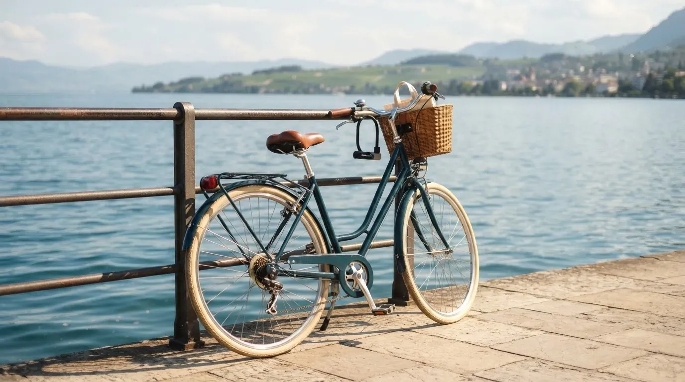 Ein Fahrrad lehnt an einem Geländer einer Uferpromenade an einem See im Sonnenlicht.