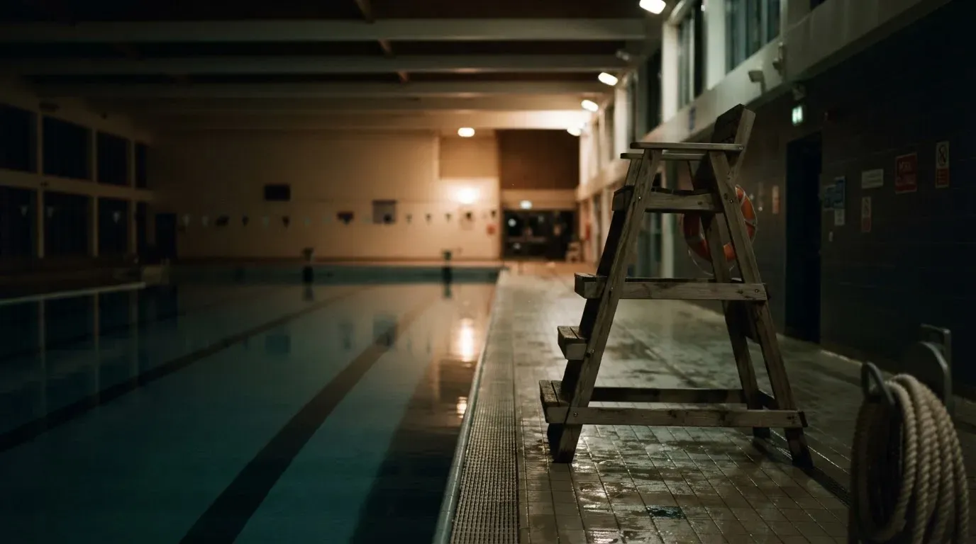 Ein Bademeisterstuhl neben einem Hallenbad zur Schliesszeit, gedimmtes Licht, glatte Wasseroberfläche.