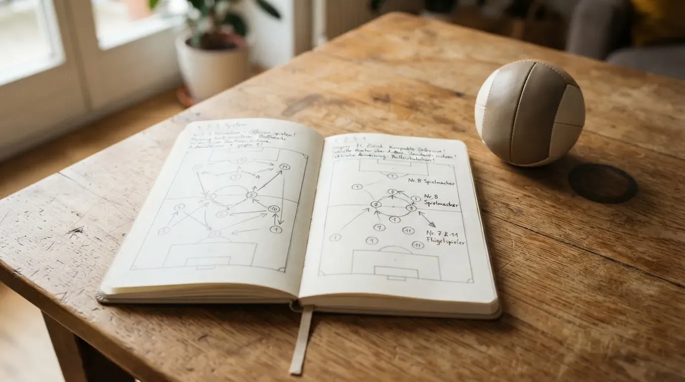 Ein aufgeschlagenes Notizbuch mit Bleistiftskizzen und ein kleiner Fussball liegen auf einem Holztisch im Tageslicht.