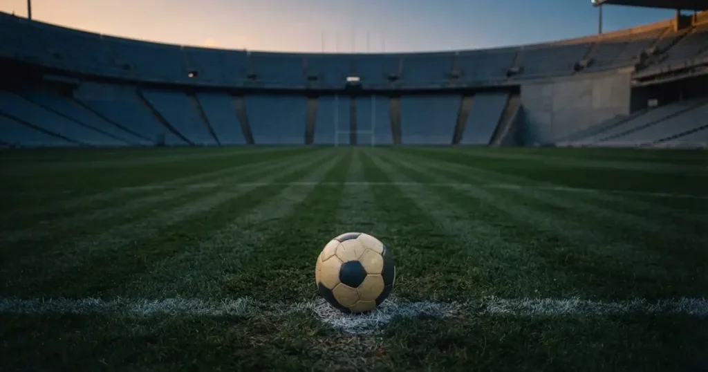 Ein Fussball liegt auf dem Anstosspunkt eines leeren Rasenplatzes, dahinter ragen die Ränge eines grossen Stadions in der Abenddämmerung auf.