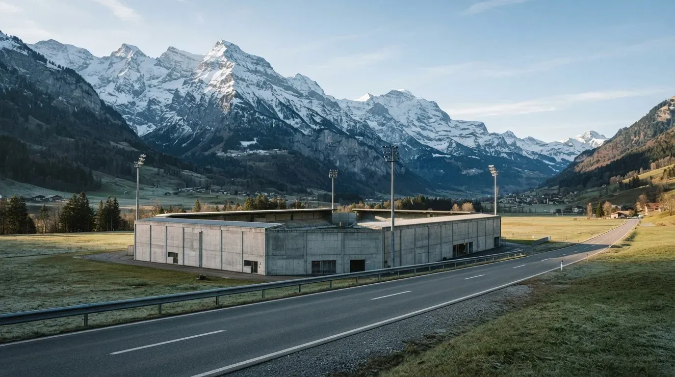 Schneebedeckte Berge erheben sich hinter einem Fussballstadion in einem Schweizer Tal, davor liegt eine leere Strasse im Morgenlicht.