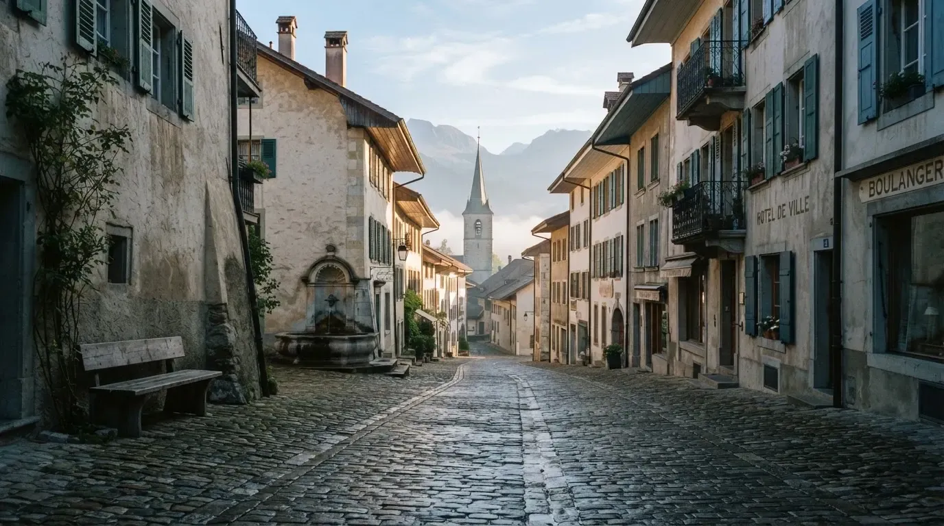 Eine ruhige Gasse in einer Schweizer Altstadt mit Kopfsteinpflaster am frühen Morgen, im Hintergrund ein Kirchturm und Berge im Dunst.