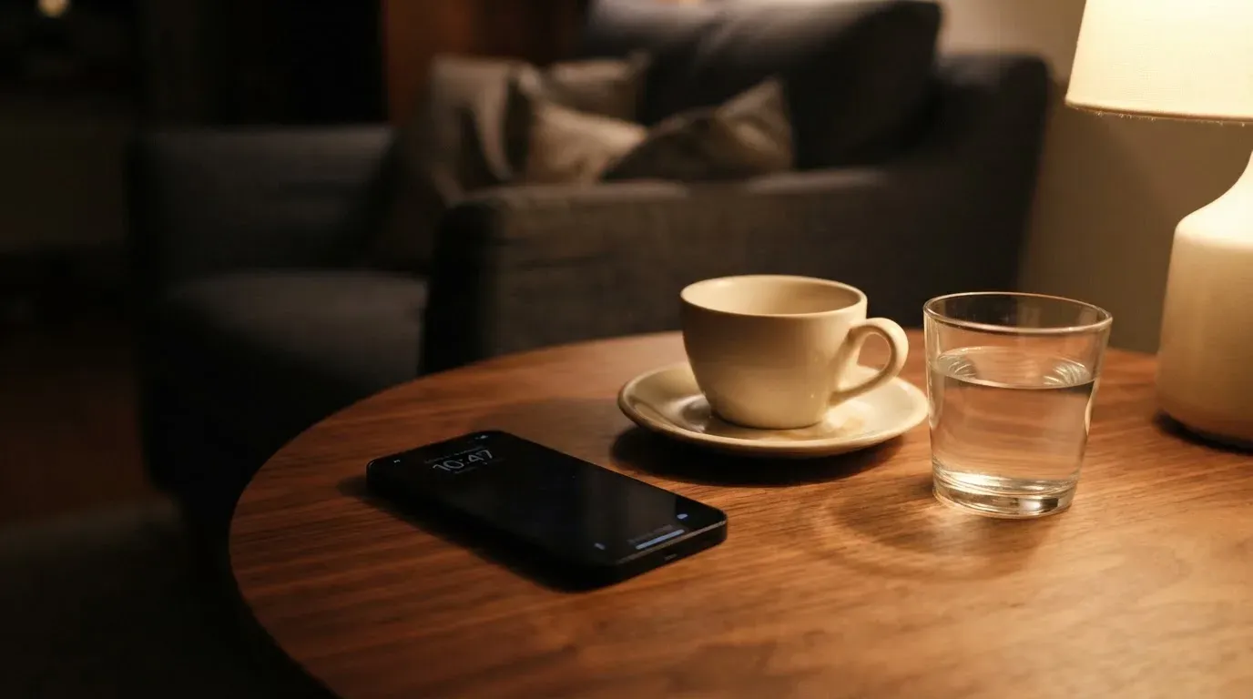 Ein Smartphone mit dunklem Display liegt neben einer Kaffeetasse und einem Glas Wasser auf einem Holztisch im Licht einer Lampe.
