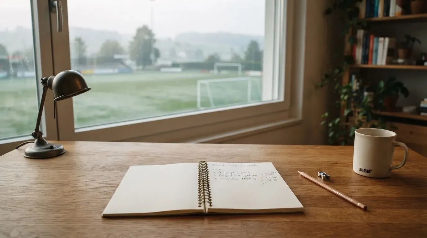 Ein Schreibtisch am Fenster mit Schreibtischlampe, Bleistift und leerem Block, draussen liegt ein Fussballplatz im Dunst.