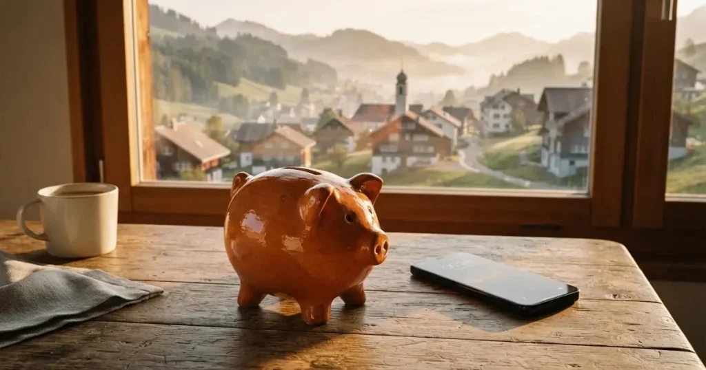 Ein Sparschwein aus Keramik steht auf einem Küchentisch neben einem Smartphone mit dunklem Display, im Fenster dahinter ein Schweizer Dorf im Morgenlicht.