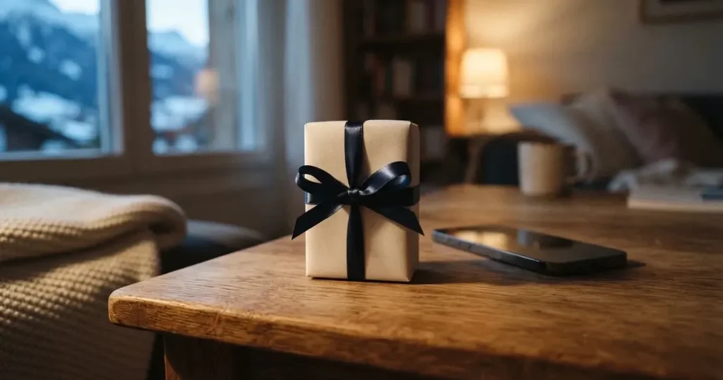 Ein kleines Geschenk mit Schleife steht auf einem Holztisch neben einem Smartphone mit dunklem Display im Seitenlicht.