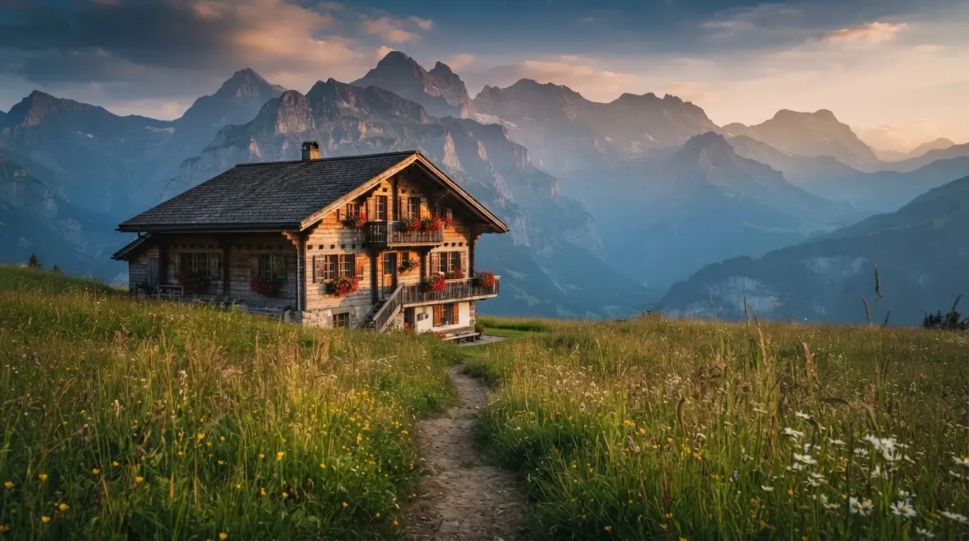 Ein Holzchalet mit Blumenkästen steht vor einer Bergkette im Abendlicht, davor führt ein leerer Feldweg durch eine Wiese.
