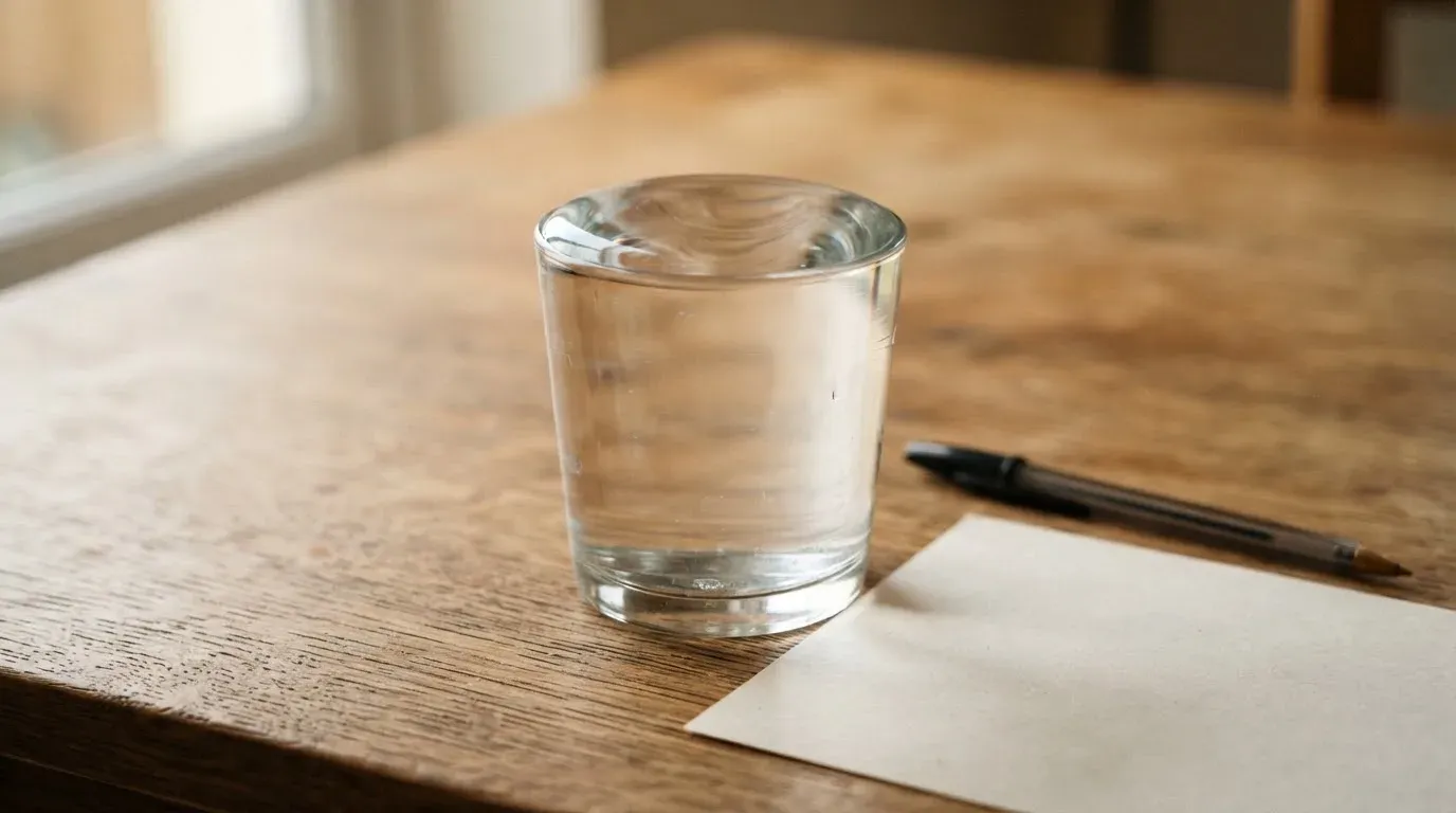 Ein Glas steht bis zum Rand gefüllt auf einem Holztisch, daneben ein Kugelschreiber und ein leeres Blatt Papier im Seitenlicht.