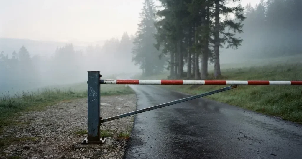Eine geschlossene Schranke steht an einer ruhigen Bergstrasse im Morgennebel, dahinter Tannen und eine nasse Wiese.