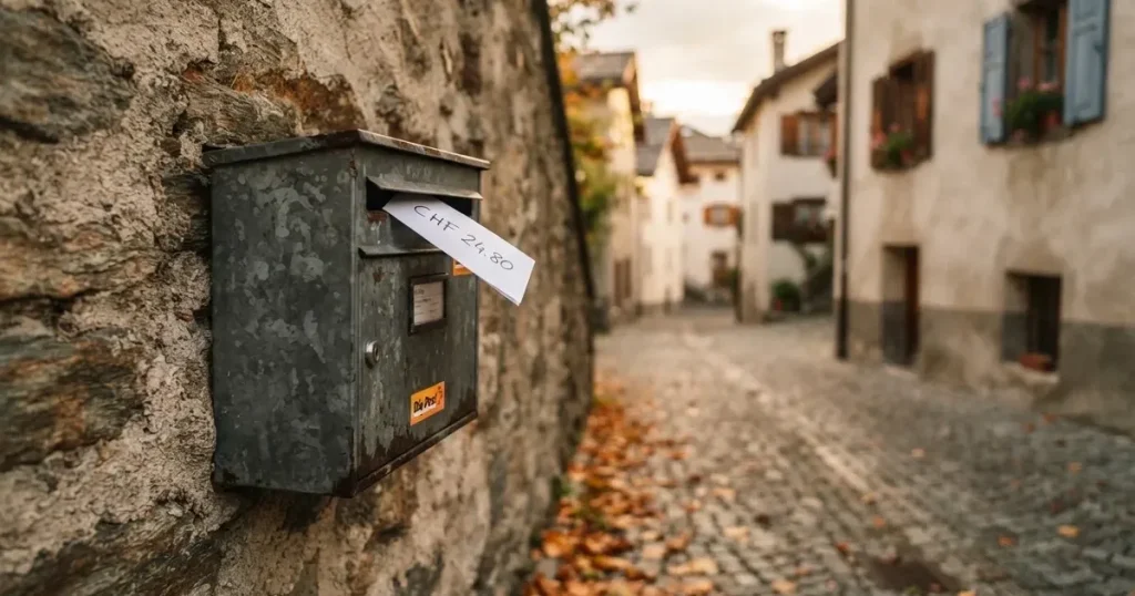 Ein Briefkasten aus Metall hängt an einer Steinmauer in einer Schweizer Gasse, Herbstlaub liegt auf dem Pflaster.
