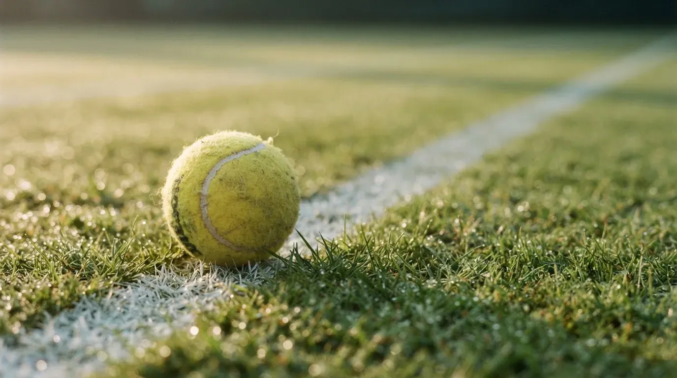 Ein gelber Tennisball liegt im Gras neben der weissen Grundlinie, Tau glitzert auf den Halmen im flachen Sonnenlicht.