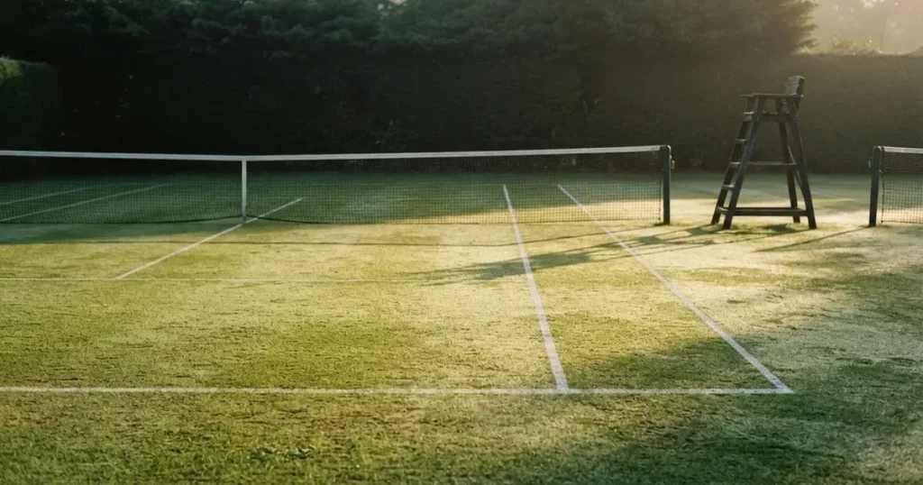 Ein Tennisplatz aus Rasen im ersten Morgenlicht mit frisch gezogenen Linien, einem Netz und einem leeren Schiedsrichterstuhl, dahinter hohe Hecken.